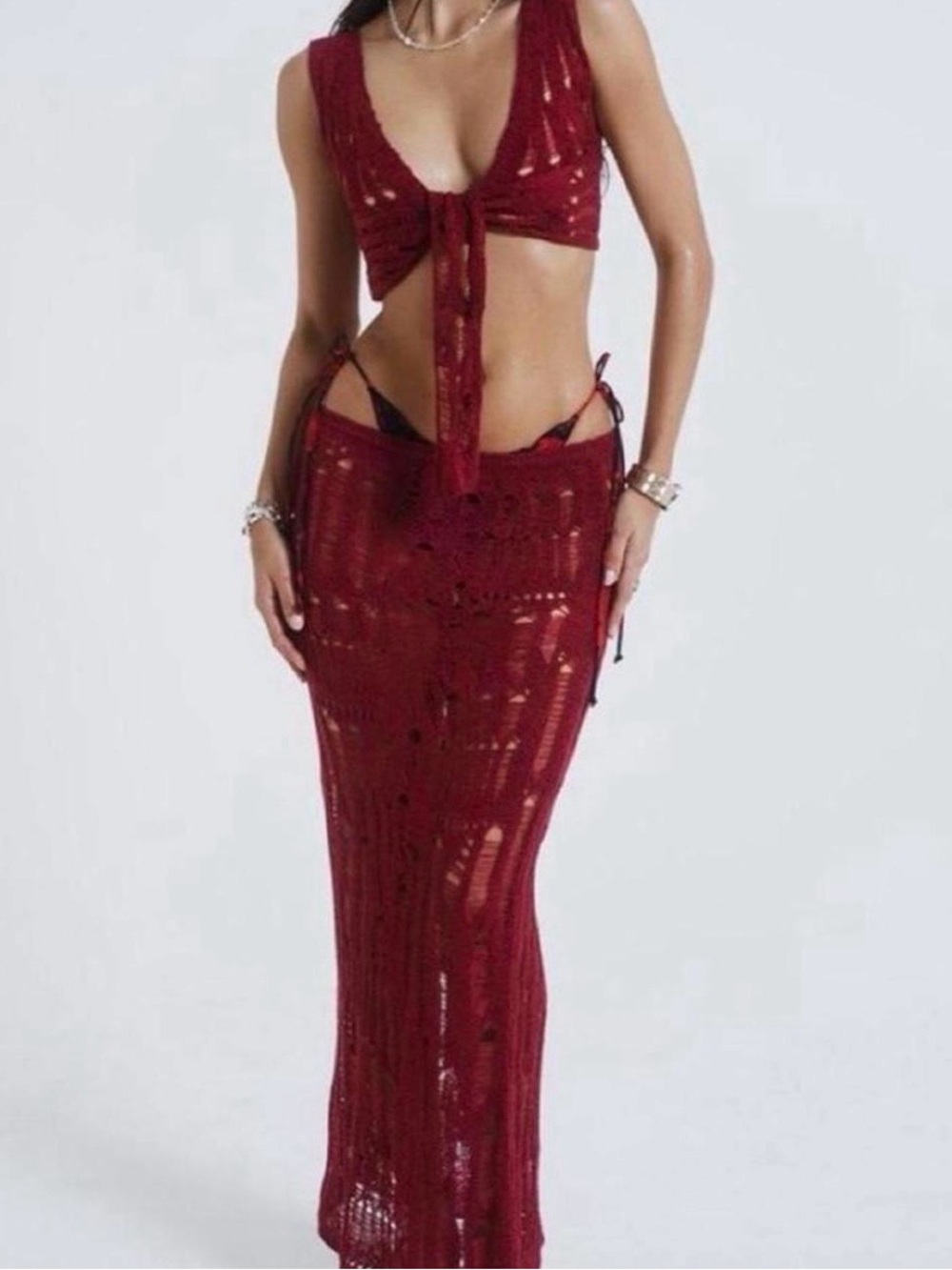 Jaded London Burgundy Crochet Maxi Skirt